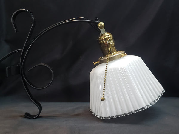 Art Deco Sconce Ornate Hexagon White Fluted Glass Shade & Wrought Iron Base #GA9164