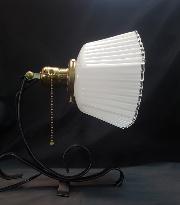 Art Deco Sconce Ornate Hexagon White Fluted Glass Shade & Wrought Iron Base #GA9164