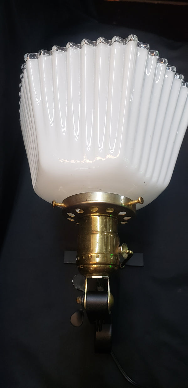 Art Deco Sconce Ornate Hexagon White Fluted Glass Shade & Wrought Iron Base #GA9164