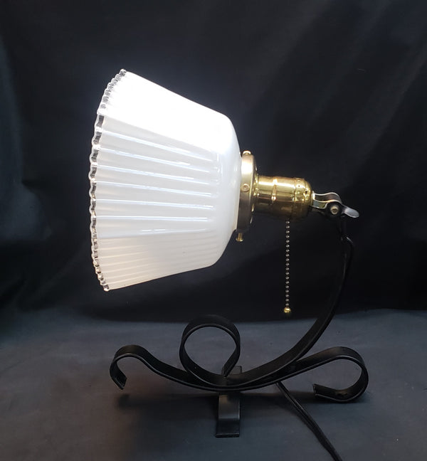 Art Deco Sconce Ornate Hexagon White Fluted Glass Shade & Wrought Iron Base #GA9164