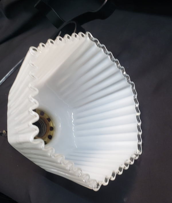 Art Deco Sconce Ornate Hexagon White Fluted Glass Shade & Wrought Iron Base #GA9164