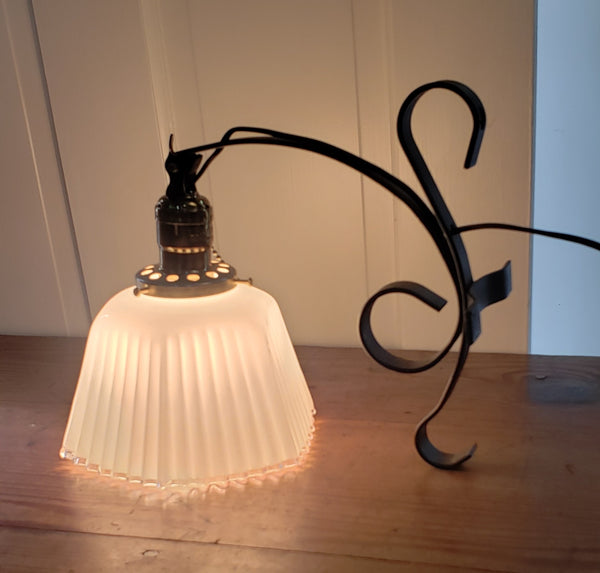 Art Deco Sconce Ornate Hexagon White Fluted Glass Shade & Wrought Iron Base #GA9164
