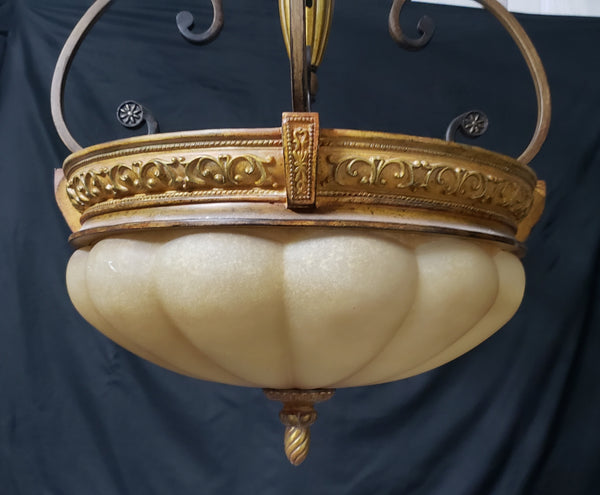 Tuscan Inspired Pendant Light with Scalloped Shade Faux Iron Scrolls & Leaf Trim #GA9180