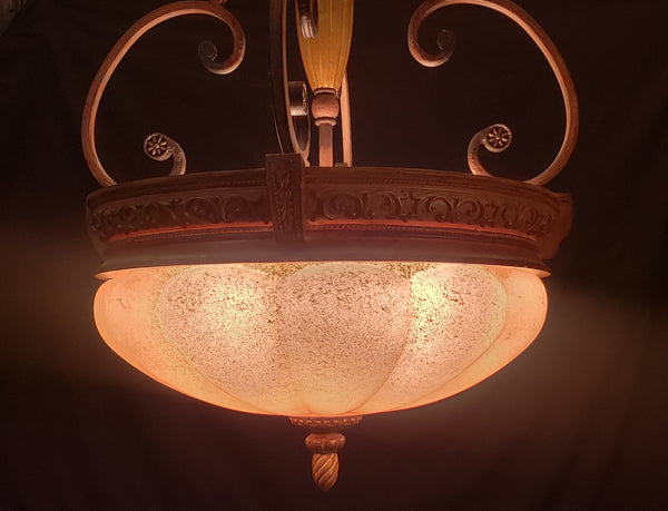 Tuscan Inspired Pendant Light with Scalloped Shade Faux Iron Scrolls & Leaf Trim #GA9180