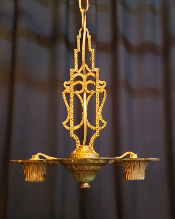 Restored Cast Iron Art Deco 2 Light Chandelier with Chain & Matching Ceiling Cap #GA9181
