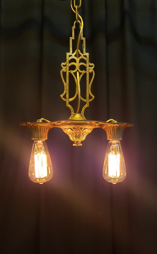 Restored Cast Iron Art Deco 2 Light Chandelier with Chain & Matching Ceiling Cap #GA9181