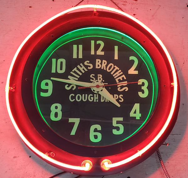 Red & Green Double Neon Advertising Clock for Smith Bros with Hand Painted Face #GA9186