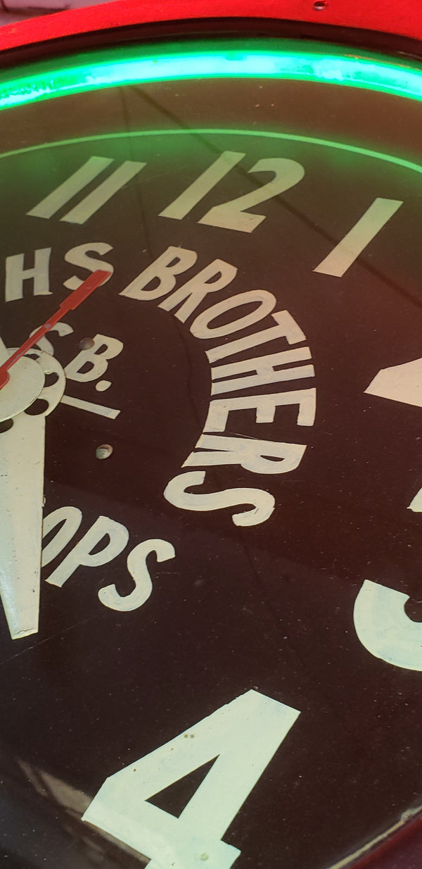 Red & Green Double Neon Advertising Clock for Smith Bros with Hand Painted Face #GA9186