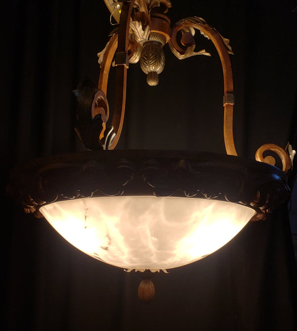 Tuscan Inspired Chandelier with an Old World Style Globe Gold Tone Leaves & Trim #GA9187