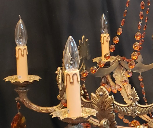 Art Nouveau Brass Chandelier w/ Faceted Crystal Amber Prisms 35" W x 22" GA9193