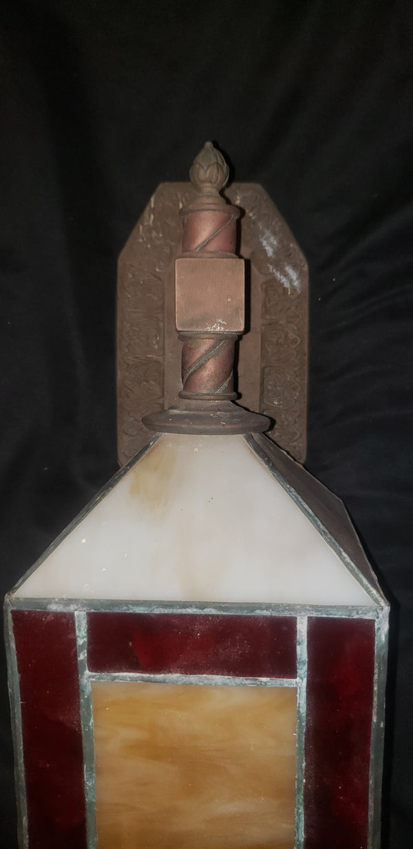 Pair of Stained Glass Sconces with Ornate Bronze Back Plates #GA9205