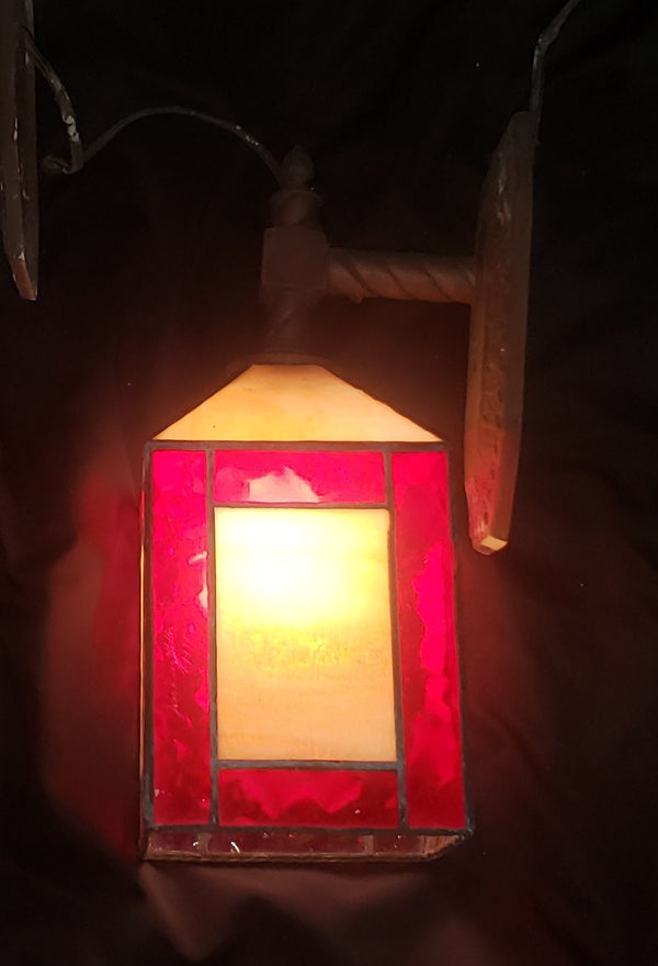 Pair of Stained Glass Sconces with Ornate Bronze Back Plates #GA9205