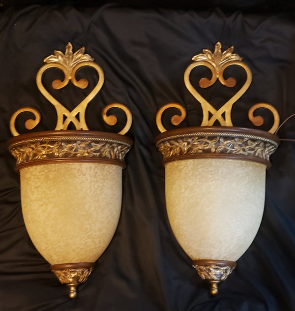 Pair of Tuscan Inspired Wall Sconces with Faux Wood & Iron #GA9203
