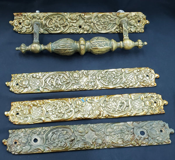 Unique Solid Brass Door Pull Handle w/ 2 Back Plates & 2 Push Plates  GA9333