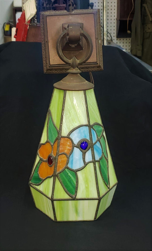 Antique Multicolored Slag Glass Sconce with Ornate Bronze Fitter GA-M018