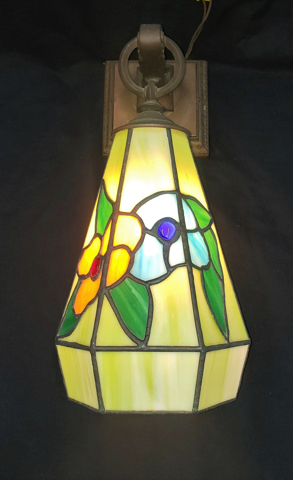 Antique Multicolored Slag Glass Sconce with Ornate Bronze Fitter GA-M018