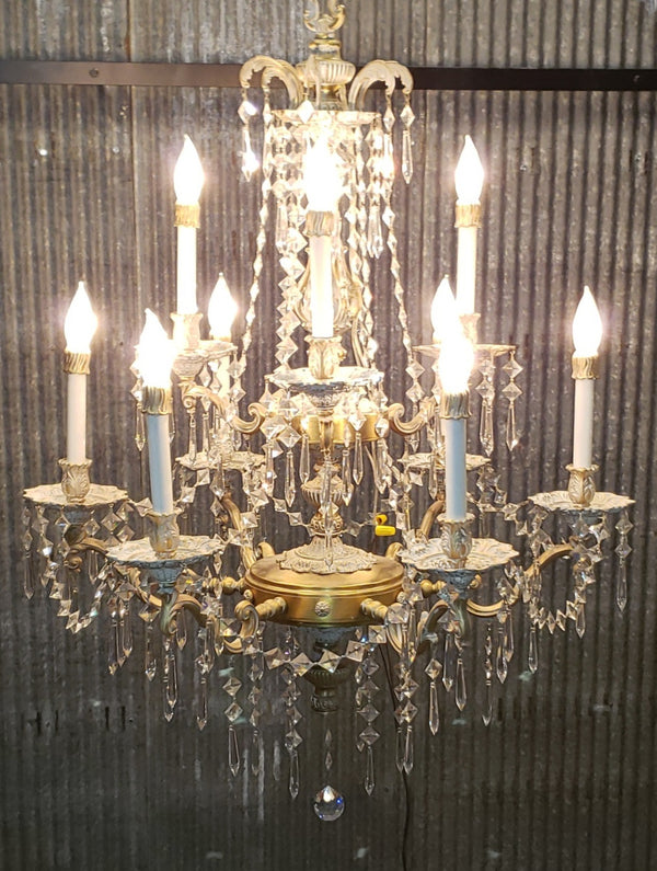 French Inspired 9 Light Tiered Chandelier with Faceted Crystal Prisms GA9375