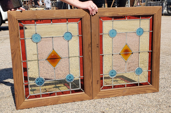 Pair of Multicolored Rondel Stained Glass Windows in Cambria Ash Frames GA9370