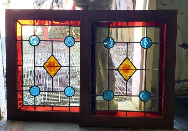 Pair of Multicolored Rondel Stained Glass Windows in Cambria Ash Frames GA9370