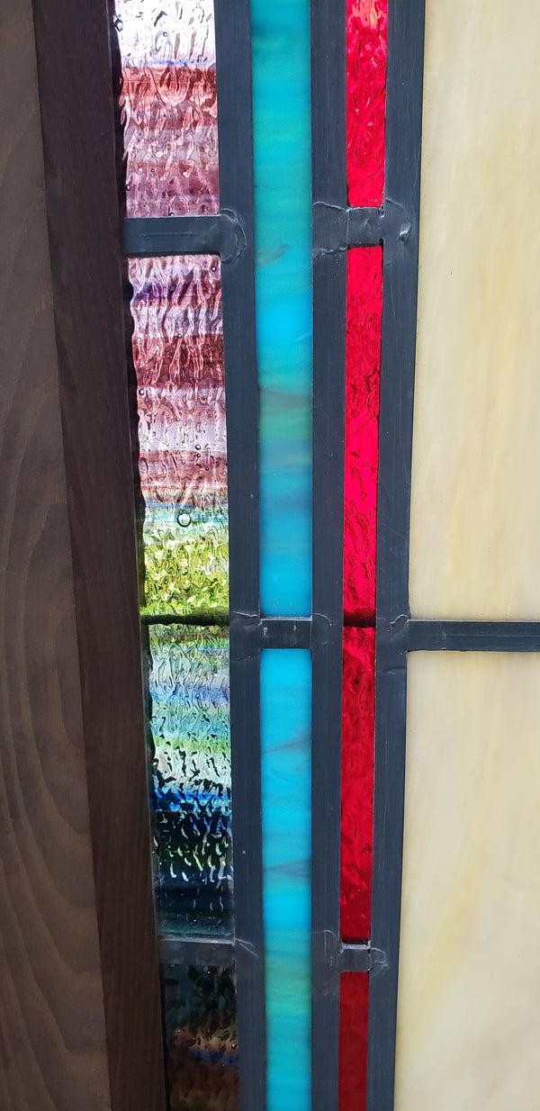 Colorful Leaded Textured Stained Glass Window in Wood Frame GA9425