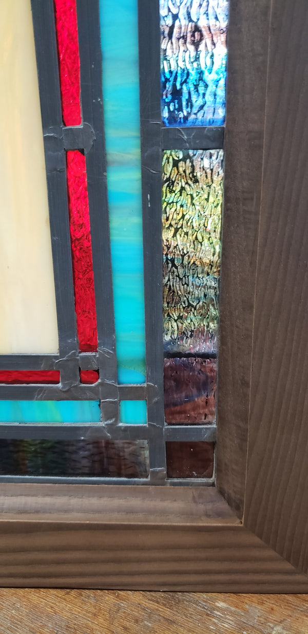 Colorful Leaded Textured Stained Glass Window in Wood Frame GA9425