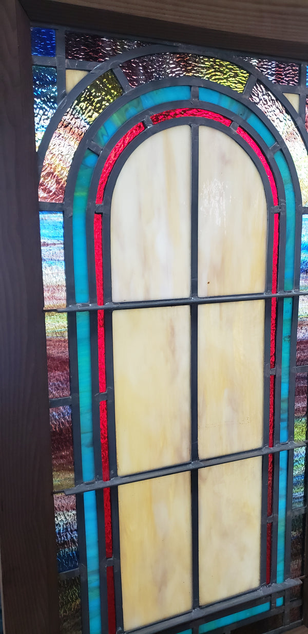 Colorful Leaded Textured Stained Glass Window in Wood Frame GA9425
