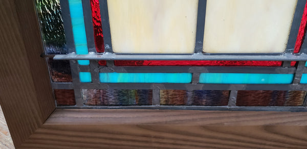 Colorful Leaded Textured Stained Glass Window in Wood Frame GA9425
