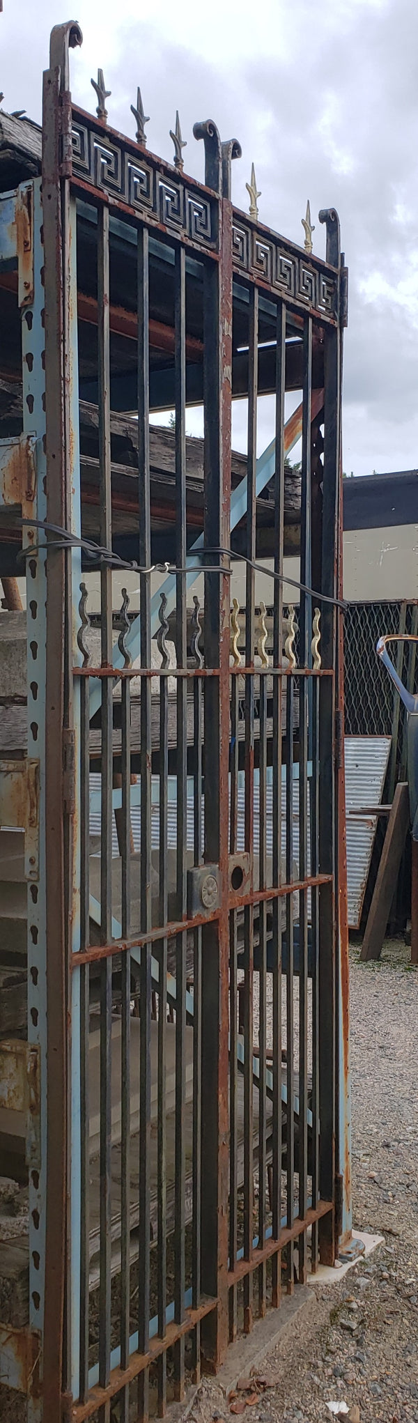 Pair of Tall Wrought Iron Gates with Center Torch Finials & Greek Key Top GA9501