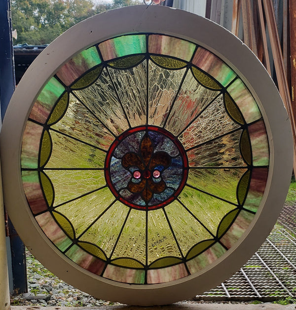 Unique 32" Round Leaded Textured Stained Glass Window in Wood Frame GA9521