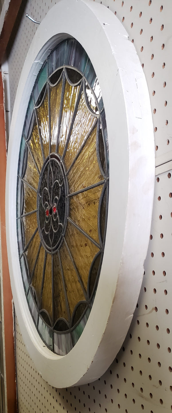 Unique 32" Round Leaded Textured Stained Glass Window in Wood Frame GA9521