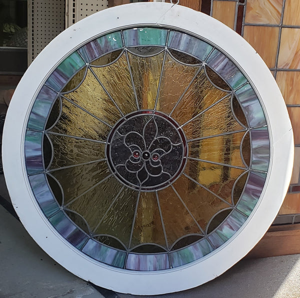 Unique 32" Round Leaded Textured Stained Glass Window in Wood Frame GA9521