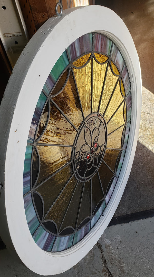 Unique 32" Round Leaded Textured Stained Glass Window in Wood Frame GA9521