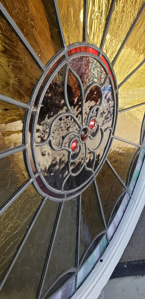 Unique 32" Round Leaded Textured Stained Glass Window in Wood Frame GA9521
