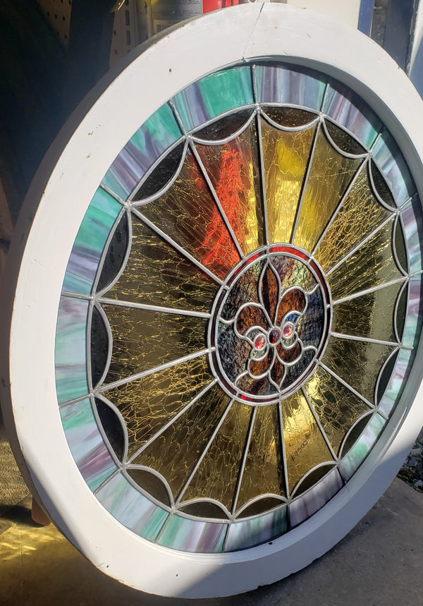 Unique 32" Round Leaded Textured Stained Glass Window in Wood Frame GA9521