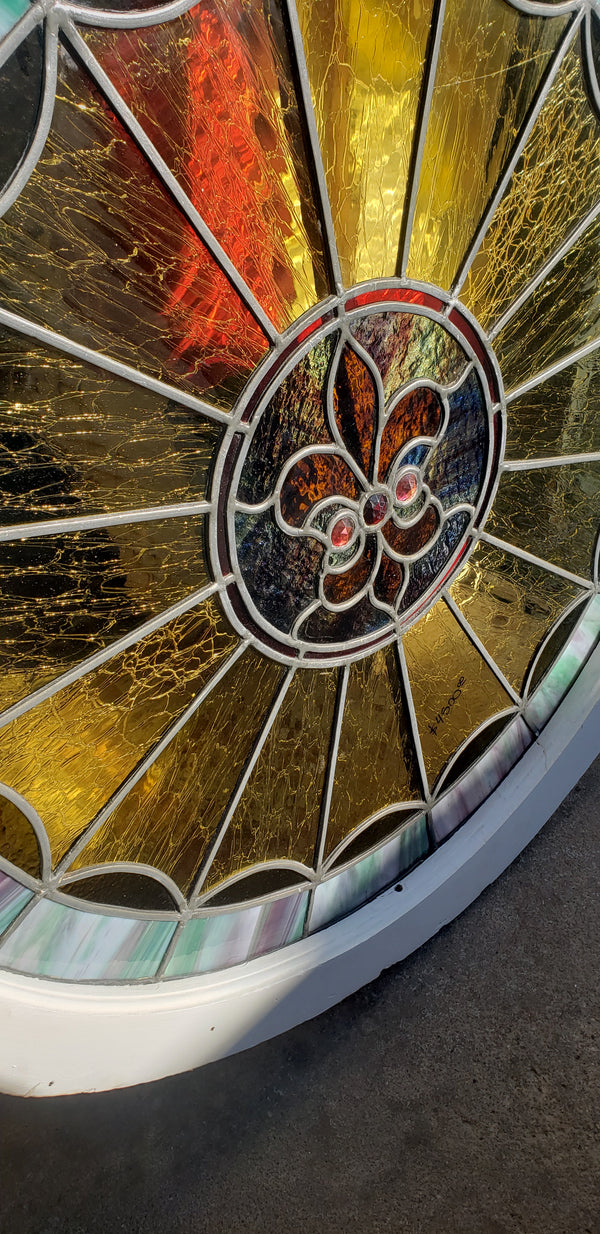 Unique 32" Round Leaded Textured Stained Glass Window in Wood Frame GA9521