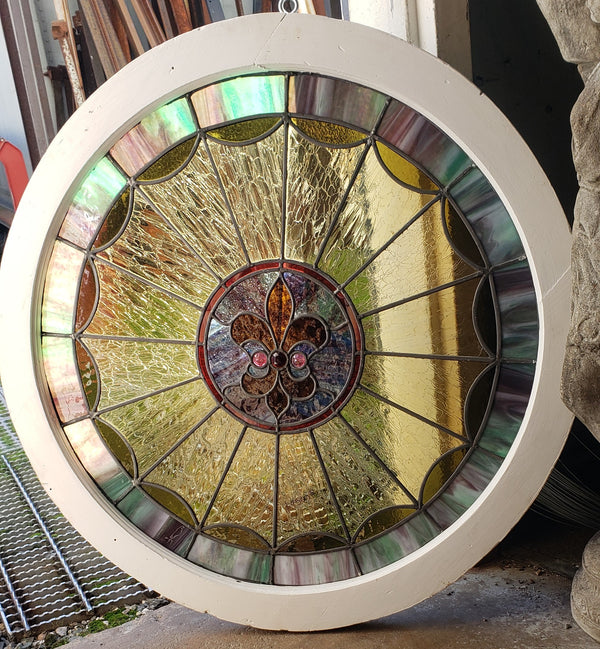 Unique 32" Round Leaded Textured Stained Glass Window in Wood Frame GA9521