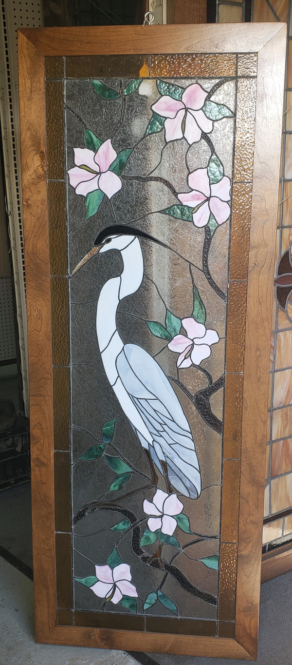 Leaded Textured Stained Glass Window of a Tropical Crane in a Tree GA9522