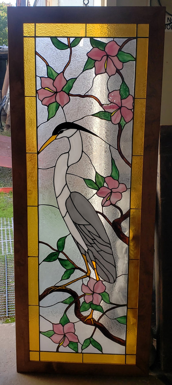 Leaded Textured Stained Glass Window of a Tropical Crane in a Tree GA9522