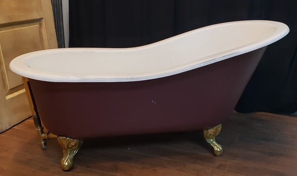 5 Foot Cast Iron White & Cranberry Slipper Tub with Solid Brass Claw Feet GA9592