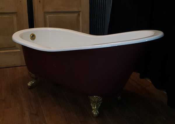 5 Foot Cast Iron White & Cranberry Slipper Tub with Solid Brass Claw Feet GA9592
