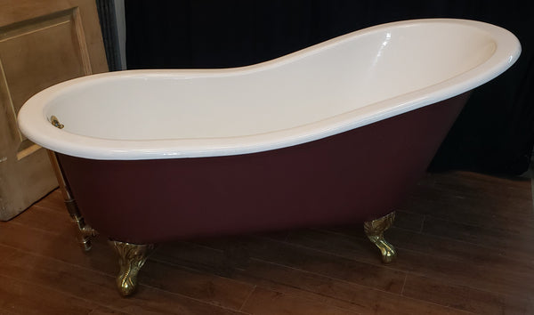 5 Foot Cast Iron White & Cranberry Slipper Tub with Solid Brass Claw Feet GA9592