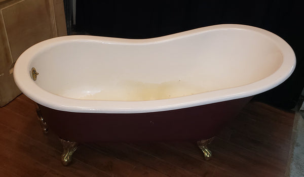 5 Foot Cast Iron White & Cranberry Slipper Tub with Solid Brass Claw Feet GA9592