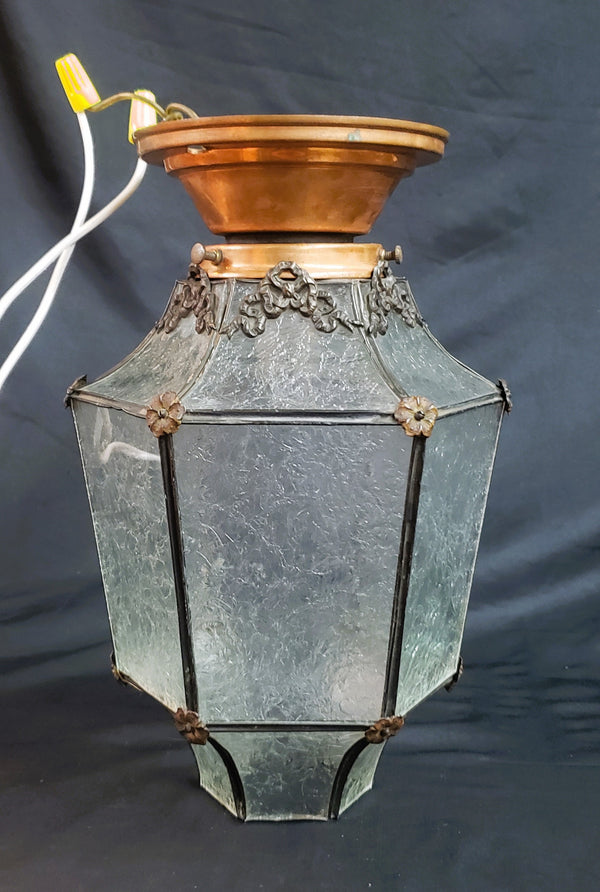 Ornate Flush Mount Hexagon Shaped Textured Glass Portico Light & Copper Fitter GA9671
