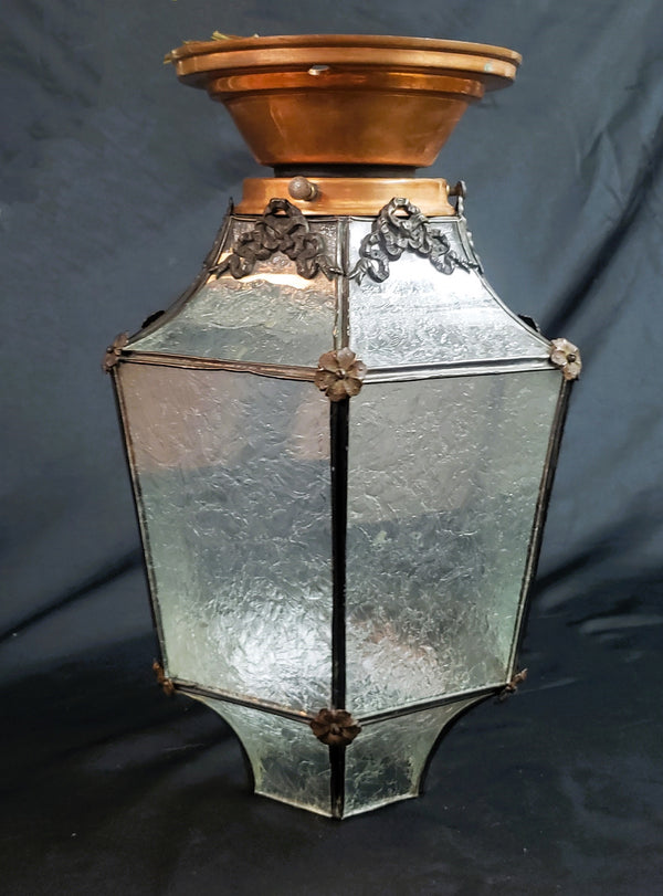 Ornate Flush Mount Hexagon Shaped Textured Glass Portico Light & Copper Fitter GA9671