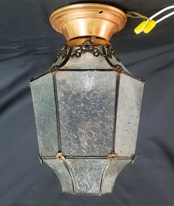 Ornate Flush Mount Hexagon Shaped Textured Glass Portico Light & Copper Fitter GA9671