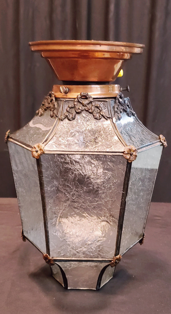 Ornate Flush Mount Hexagon Shaped Textured Glass Portico Light & Copper Fitter GA9671