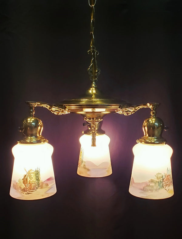 Art Nouveau 3 Light Brass Pan Chandelier with Reverse Painted Shades 15" x 15" GA10079