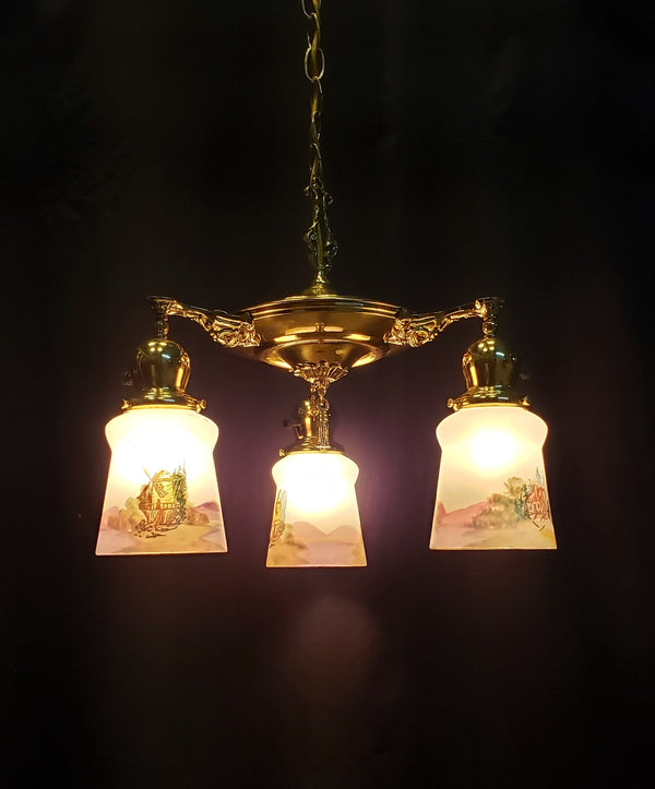 Art Nouveau 3 Light Brass Pan Chandelier with Reverse Painted Shades 15" x 15" GA10079