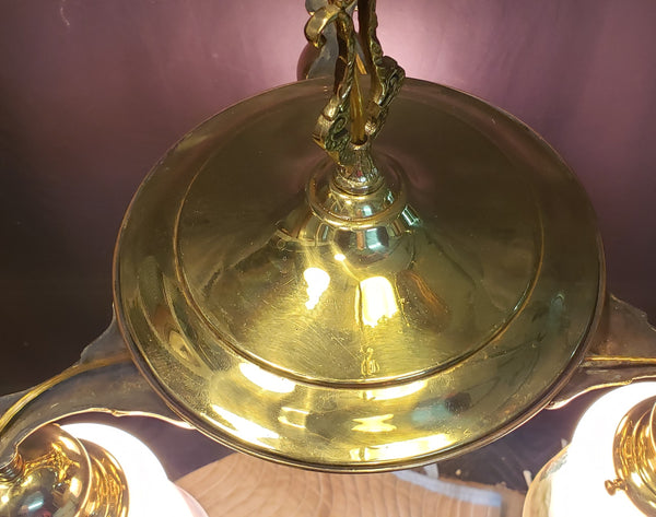 Art Nouveau 3 Light Brass Pan Chandelier with Reverse Painted Shades 15" x 15" GA10079
