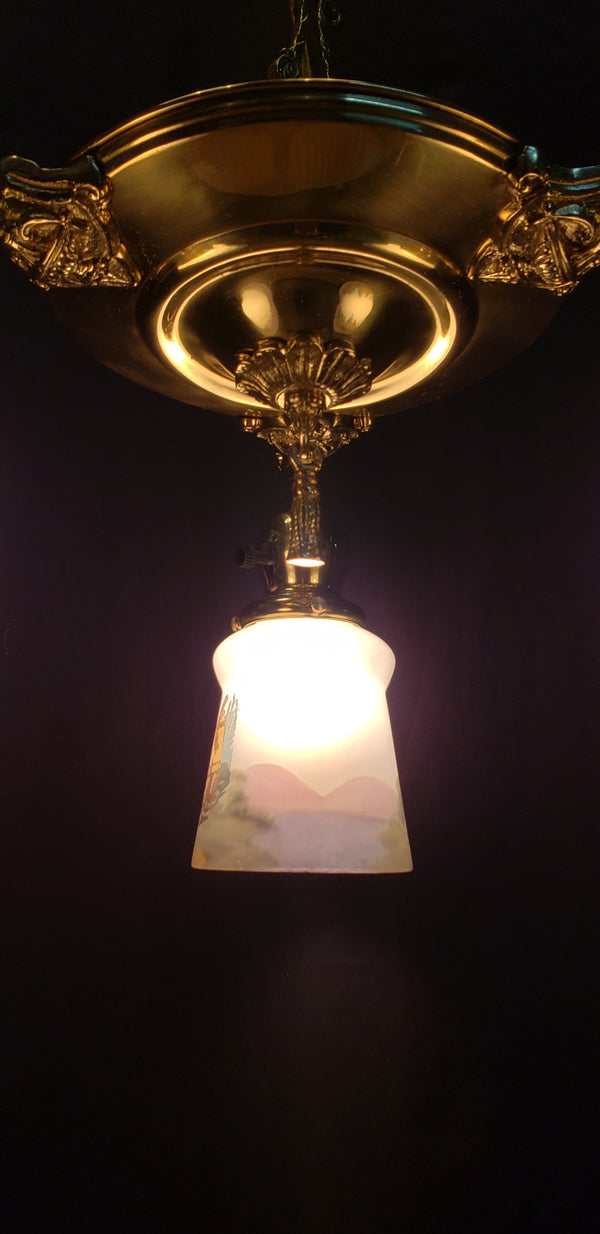 Art Nouveau 3 Light Brass Pan Chandelier with Reverse Painted Shades 15" x 15" GA10079